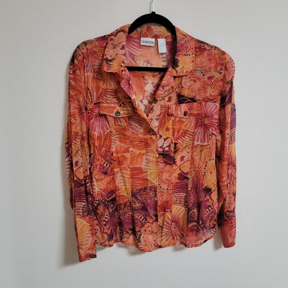 Vintage Chico's Orange Sheer Floral Button Down Shirt with Shimmer